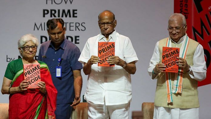 (From left) Journalist Neerja Chowdhury with her new book, NCP chief Sharad Pawar & Kerala Governor Arif Mohammad Khan, Delhi | Suraj Singh Bisht | ThePrint
