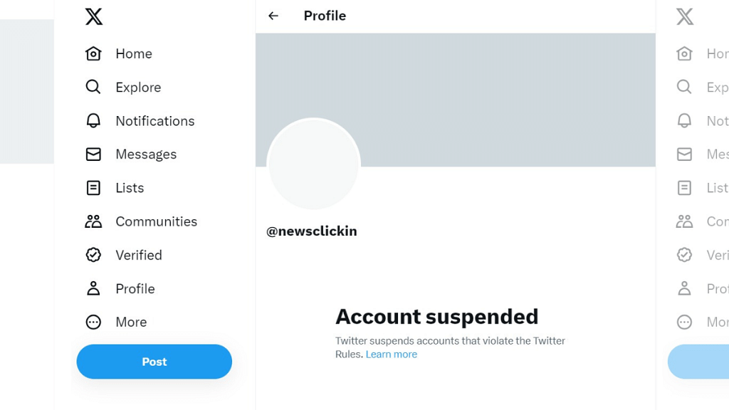 NewsClick's account on X (formerly Twitter) has been suspended | Photo: X, @newsclickin