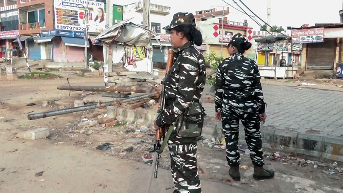 Paramilitary personnel keep vigil after Section 144 is imposed following the recent clash that broke out between two groups in Nuh | Photo: ANI