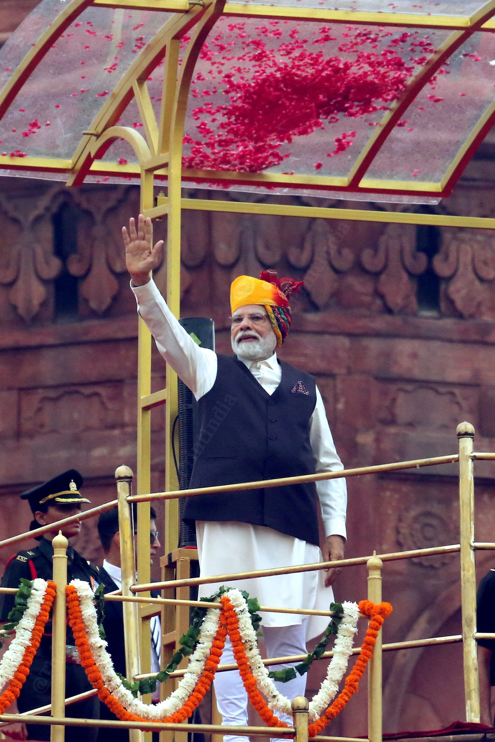 Prime Minister Narendra Modi waves from the rampart of Red Fort | Photo: Praveen Jain | ThePrint