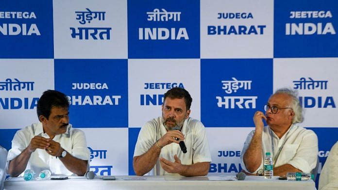 Congress leader Rahul Gandhi addresses a press conference with party colleagues K.C. Venugopal and Jairam Ramesh, in Mumbai Thursday | ANI