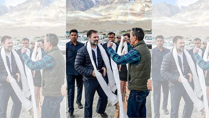 Congress leader Rahul Gandhi arrives to pay tribute to his father and former PM Rajiv Gandhi on his 79th birth anniversary, in Leh on Sunday | ANI