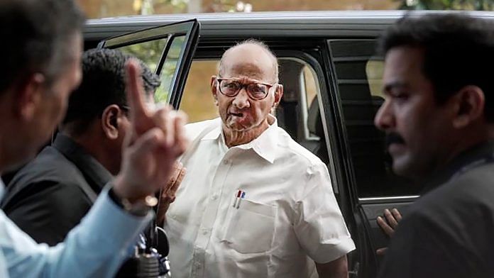 NCP president Sharad Pawar arrives at the venue for a press conference ahead of the I.N.D.I.A bloc meeting in Mumbai, on 30 August 2023 | PTI