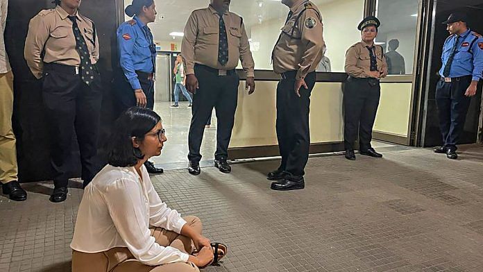 Delhi Commission for Women Chairperson Swati Maliwal outside the hospital where a minor who was allegedly raped by a Delhi government officer is admitted | PTI Photo