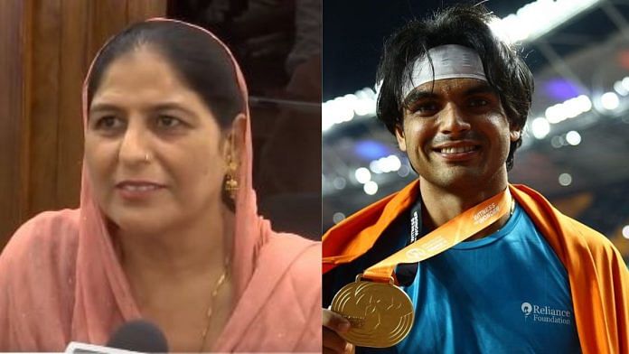 (Right) Neeraj Chopra's mother Saroj Devi (ANI) and the athlete after his win at the World Athletics Championship in Budapest on 27th August (Reuters)