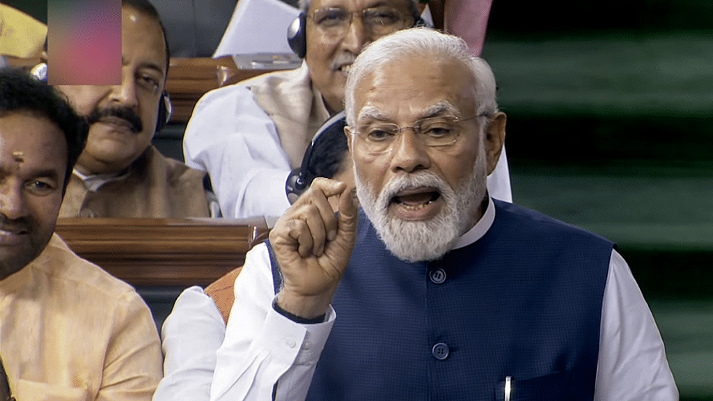 Prime Minister Narendra Modi addresses Lok Sabha during a debate on the 'Motion of No-Confidence' during the Monsoon Session of Parliament in New Delhi | ANI