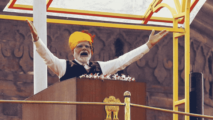 Prime Minister Narendra Modi addressing nation from Red Fort, Tuesday | Praveen Jain | ThePrint