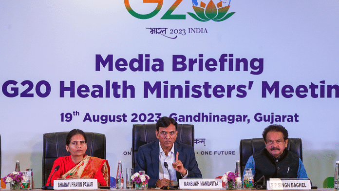 Union Health Minister Mansukh Mandaviya addresses the media after the G20 Health Ministers' Meeting in Gandhinagar Saturday | ANI