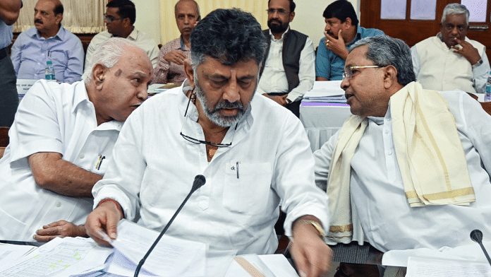 Senior BJP leader BS Yediyurappa, Karnataka Deputy Chief Minister DK Shivakumar and Chief Minister Siddaramaiah at an all-party meeting to discuss Cauvery water dispute | ANI File Photo