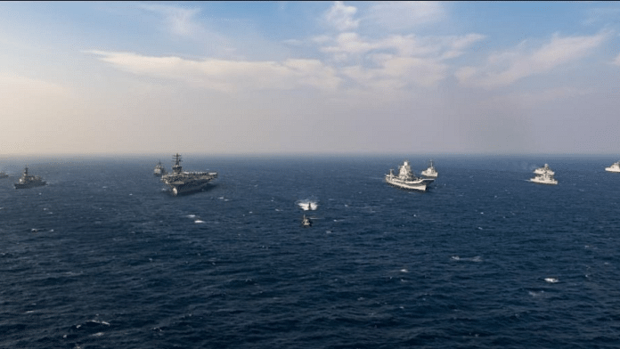 File photo of naval ships participating in Malabar Exercise | Twitter I @SpokespersonMoD