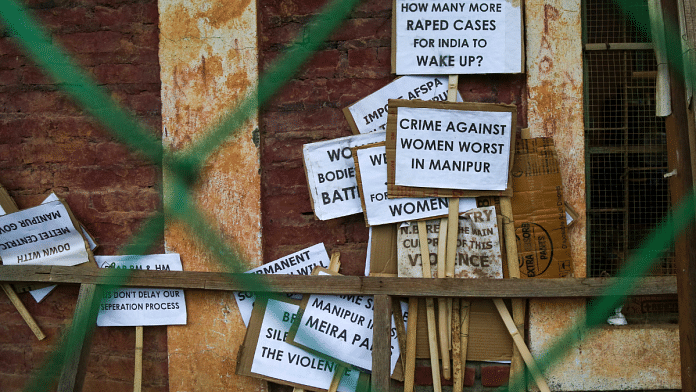 File photo of playcards denouncing crime against women at an office in Manipur | Suraj Singh Bisht | ThePrint