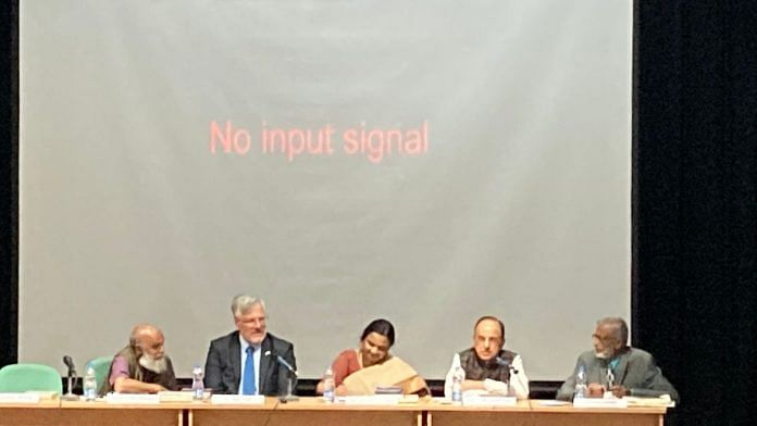 C. Uday Bhaskar, Israeli Ambassador to India Naor Gilon, Vice-Chancellor of JNU Santishree Pandit, Subramnian Swamy and the author P.R. Kumaraswamy at the launch of 'The Arab - Israeli Conflict: A Ringside View'| Keshav Padmanabhan, ThePrint