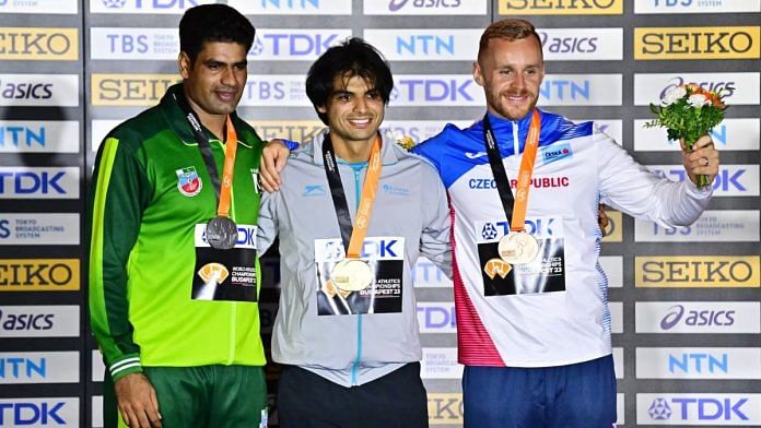 Pakistan’s Arshad Nadeem, India’s Neeraj Chopra and Czech Republic’s Jakub Vadlejch who placed third | Twitter | @Neeraj_chopra1