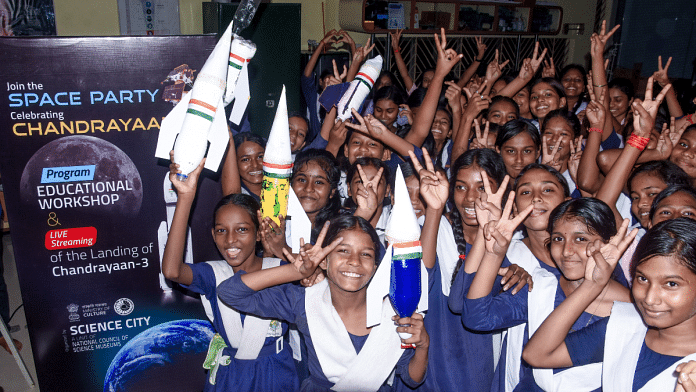 Students celebrate successful landing of ISRO's Chandrayaan-3, in Kolkata | ANI