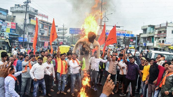 Vishva Hindu Parishad (VHP) and Bajrang Dal workers stage a protest against the violence in Haryana's Nuh, in Jabalpur, on 2 August 2023 | ANI photo