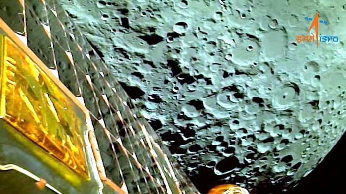 A view of the moon as viewed by the Chandrayaan-3 lander during Lunar Orbit Insertion on August 5, 2023 in this screengrab from a video | ISRO/Handout via Reuters