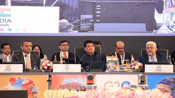 Union Minister of Commerce and Industry Piyush Goyal chairs a session at the G20 Trade and Investment Ministers' Meeting, in Jaipur Friday | ANI