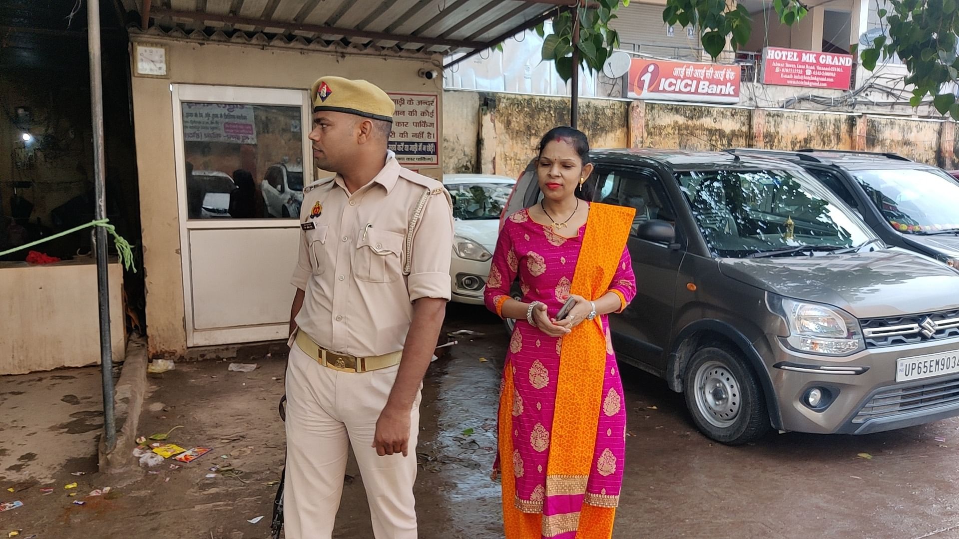 Petitioner Rakhi Singh on the way to Gyanvapi mosque to observe the ASI survey team. She has been provided security since she filed a case demanding praying rights inside the Gyanvapi mosque complex | Sonal Matharu, ThePrint