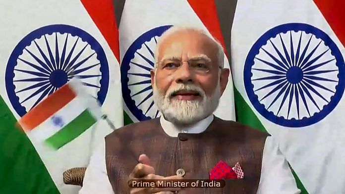 A screenshot shows Prime Minister Narendra Modi applauding on Chandrayaan-3's successful landing on the Moon’s surface, on 23 August 2023 | PTI