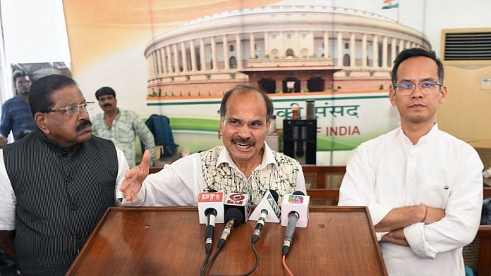 Leader of Opposition in Lok Sabha, Adhir Ranjan Chowdhury addresses the media at Parliament during the ongoing Monsoon Session, in New Delhi | ANI