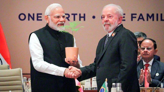 Prime Minister Narendra Modi and Brazilian President Luiz Inacio Lula Da Silva participate in a symbolic Tree Plantation ceremony on the sidelines of the G20 Summit, at the Bharat Mandapam, Pragati Maidan, in New Delhi on Sunday | ANI