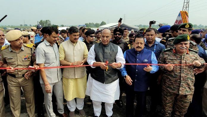 Defence Minister Rajnath Singh with Union Minister of State (Ind. Charge) Science and Technology, Jitendra Singh, inaugurates several BRO infrastructure projects, in Samba on Tuesday | ANI