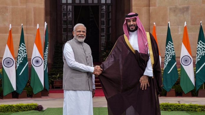 Prime Minister Narendra Modi with Saudi Arabia's Crown Prince and Prime Minister Mohammed bin Salman bin Abdulaziz Al Saud before a meeting at the Hyderabad House, in New Delhi on Monday | PTI Photo/Arun Sharma