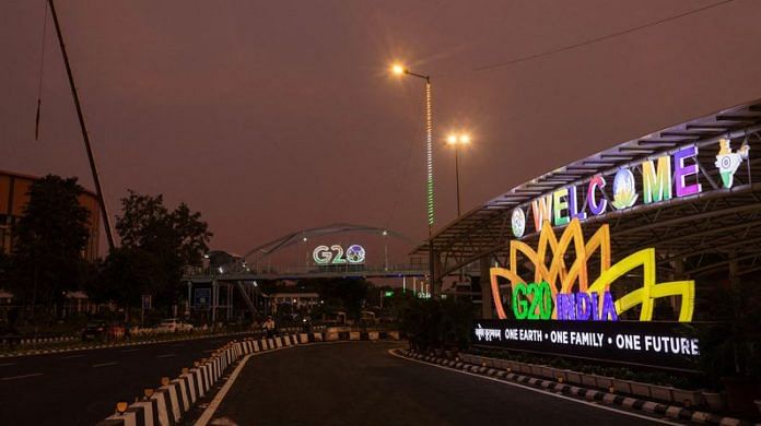 A G20 logo is pictured in front of the main venue of the summit in New Delhi | Reuters