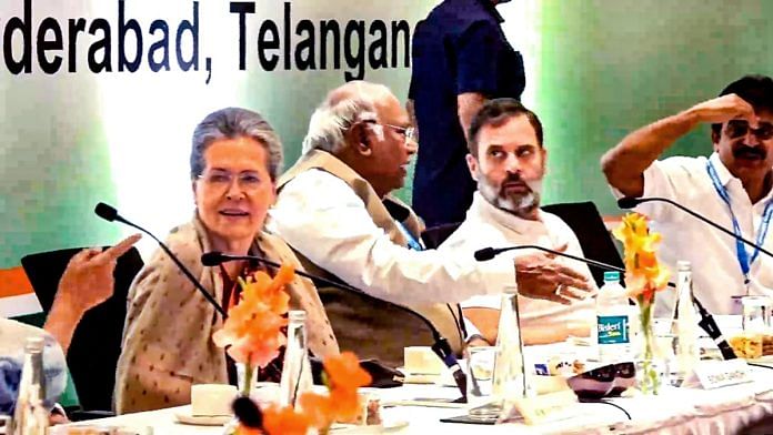 Congress President Mallikarjun Kharge with party leaders Sonia Gandhi, Rahul Gandhi and K.C. Venugopal during the second day of Congress Working Committee