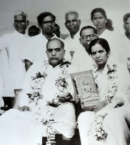 Ambedkar with his second wife Dr Savita Ambedkar, holding a statue of the Buddha, during the Dhamma Diksha ceremony in Nagpur. October 14, 1956 | Wikimedia Commons