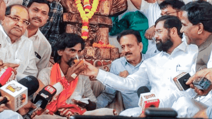 Maharashtra Chief Minister Eknath Shinde offers juice to Manoj Jarange-Patil at Antarwali-Sarati, Jalna, Thursday | ANI