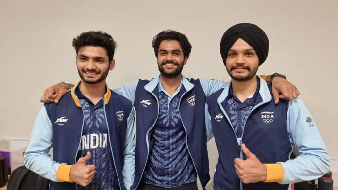 Shooters Sarabjot Singh, Arjun Singh Cheema and Shiva Narwal pose after winning Gold at Asian Games | X (formerly Twitter) /@narendramodi