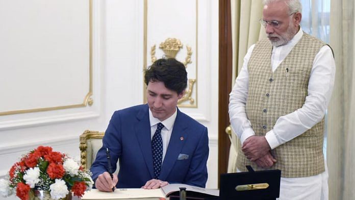 Representational image | Prime Minister of Canada Justin Trudeau with Prime Minister Narendra Modi | PIB
