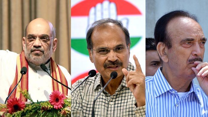 File photos of Union Home Minister Amit Shah, Congress leader Adhir Ranjan Chowdhury, and Ghulam Nabi Azad who are on the 8-member high level committee | ANI
