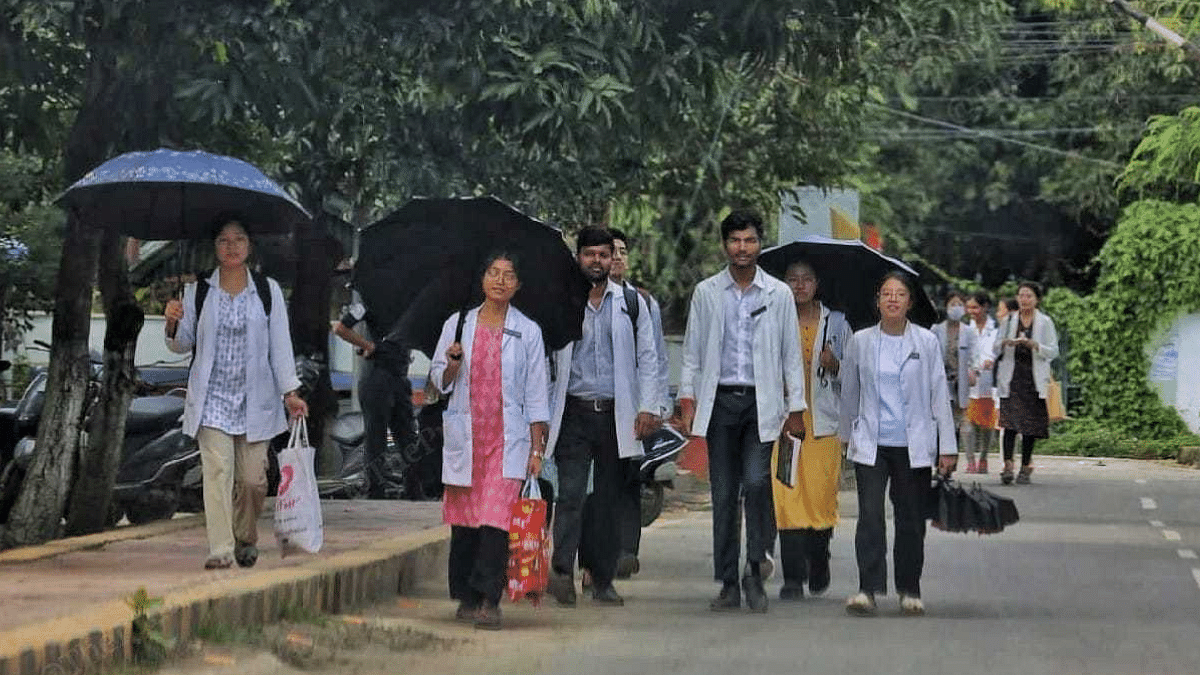 Hospital staff outside Jawaharlal Nehru Institute of Medical Sciences (JNIMS) | Praveen Jain | ThePrint