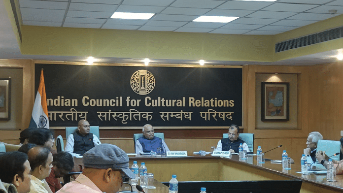 ICCR President Dr Vinay Sahasrabuddhe with Director-General, ICCR Kumar Tuhin and others during a press conference at the ICCR office, Azad Bhawan, New Delhi | Debdutta Chakraborty | ThePrint