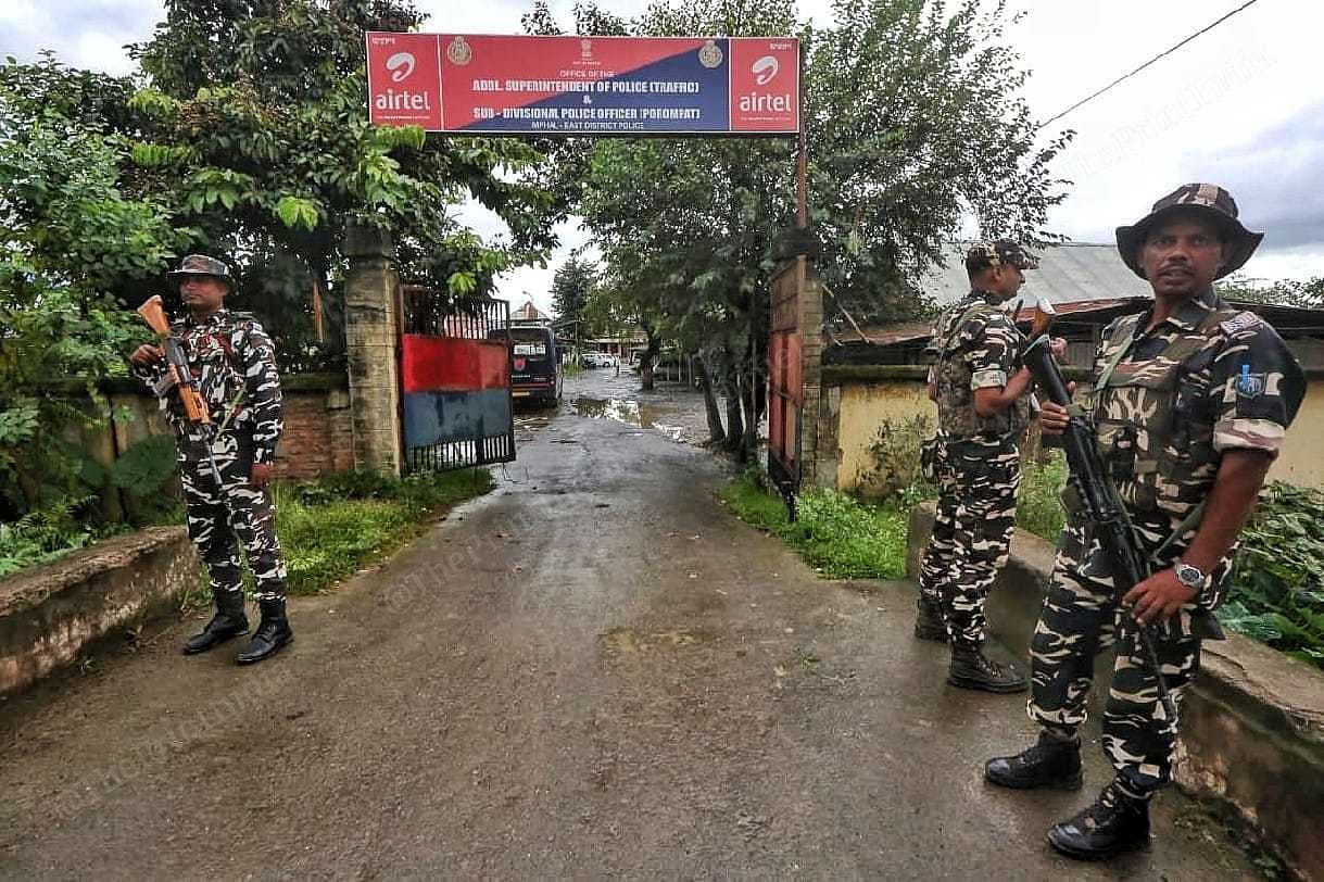 Security personnel outside Porompat police station in Imphal East district | Praveen Jain | ThePrint