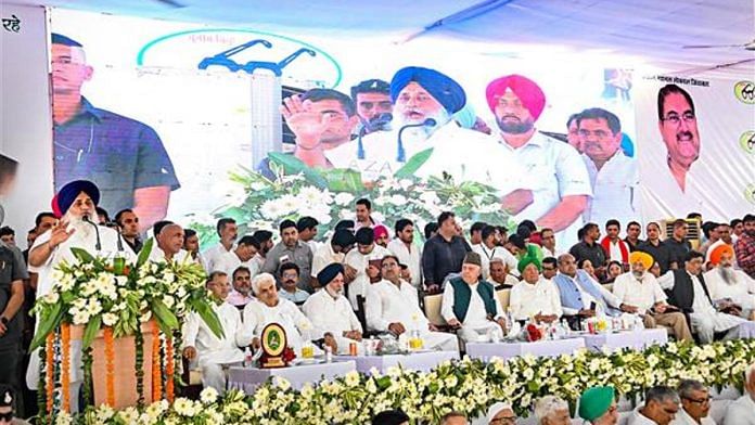 SAD chief Sukhbir Singh Badal addresses a programme on the birth anniversary of INLD founder and former deputy prime minister Chaudhary Devi Lal in Kaithal Monday | Photo: PTI