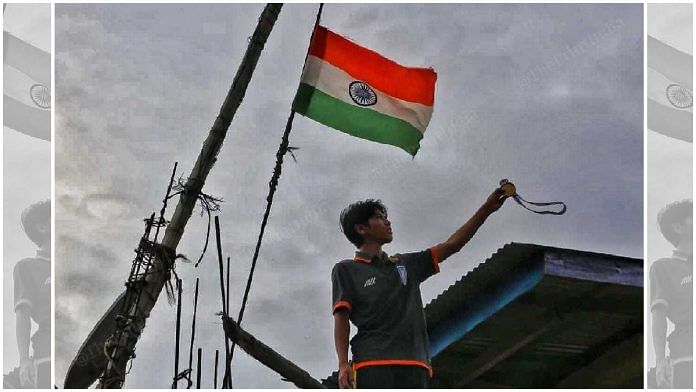 Ngamgouhou Mate, 14, led the Indian team that won the South Asian Football Federation (SAFF) U-16 Championship trophy earlier this month. Seen here with his medal at a relief camp in Kangpokpi | Praveen Jain | ThePrint