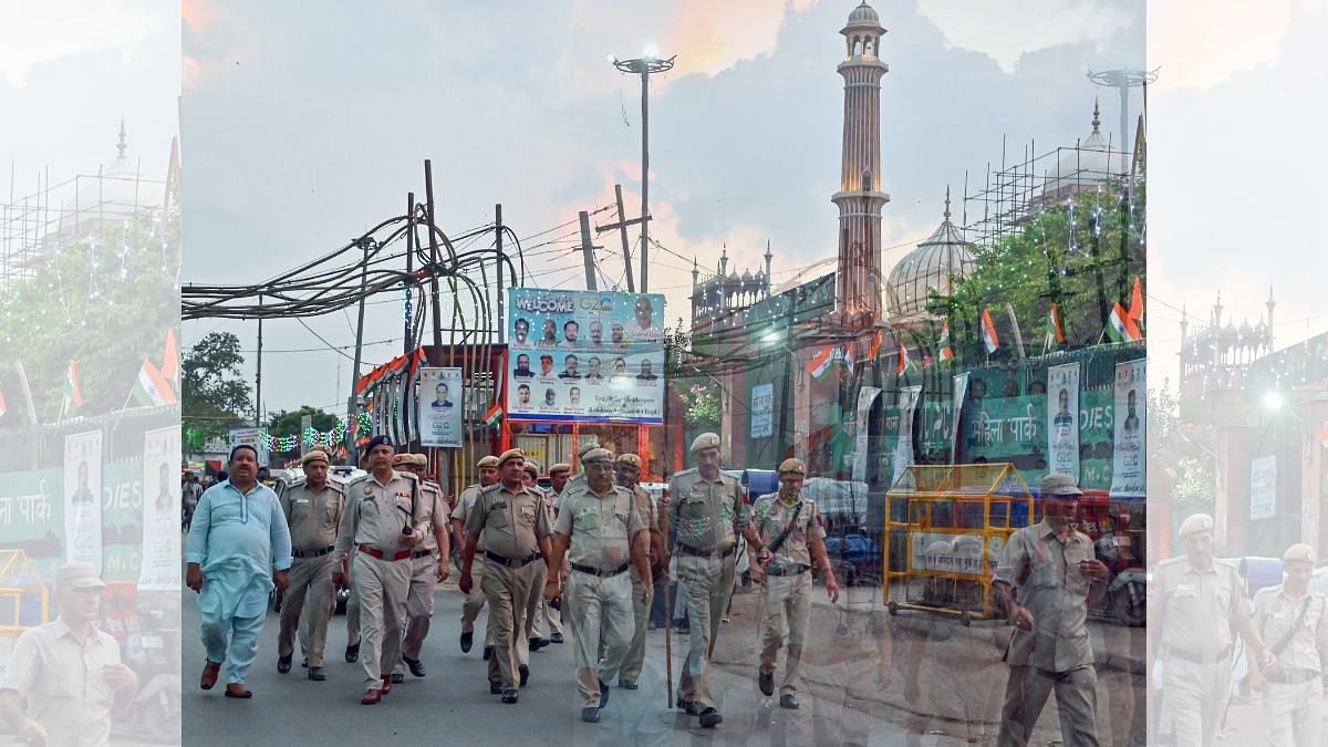 Police personnel patrol the area around Jama Masjid ahead of G20 Summit | Photo: ANI Photo