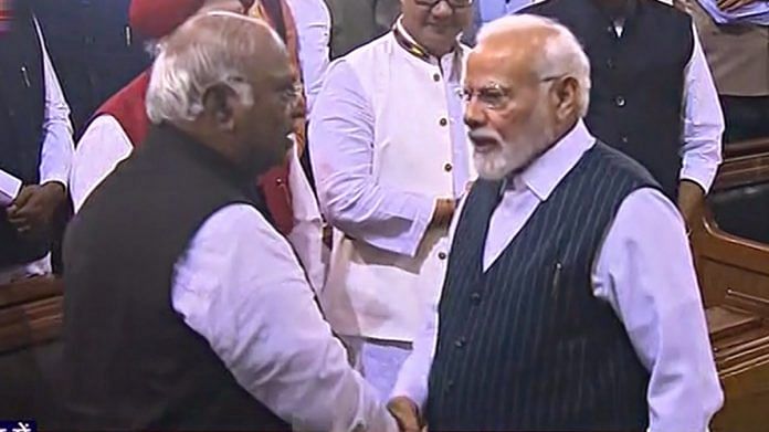 PM Narendra Modi meets Congress President Mallikarjun Kharge ahead of the Parliament being shifted to the new building, in New Delhi, on 19 September 2023 | PTI