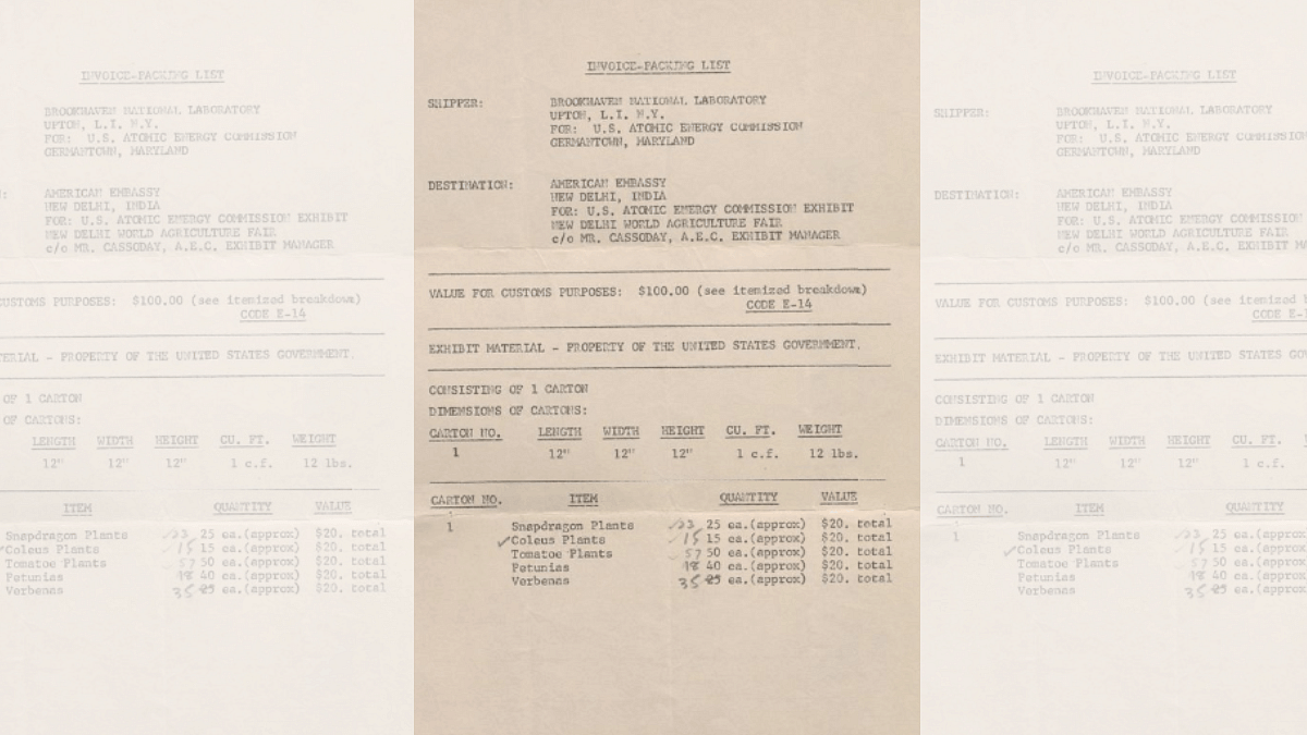 Invoice for snapdragon plants, coleus plants, tomato plants, petunias and verbenas amounting to $100. These were shipped from the Brookhaven National Laboratory in US for 1st World Agriculture Fair held on held 11 Dec.1959 to 11 March 1960 at New Delhi. The fair was inaugurated by Dr.Rajendra Prasad, President of India, with Dwight D. Eisenhower, President of USA, and Pandit Jawaharlal Nehru, Prime Minister of India | Laboratory Notebook, Indian Agricultural Research Institute, 1960 (MS-007-1-1-1-1) | From Archives at NCBS