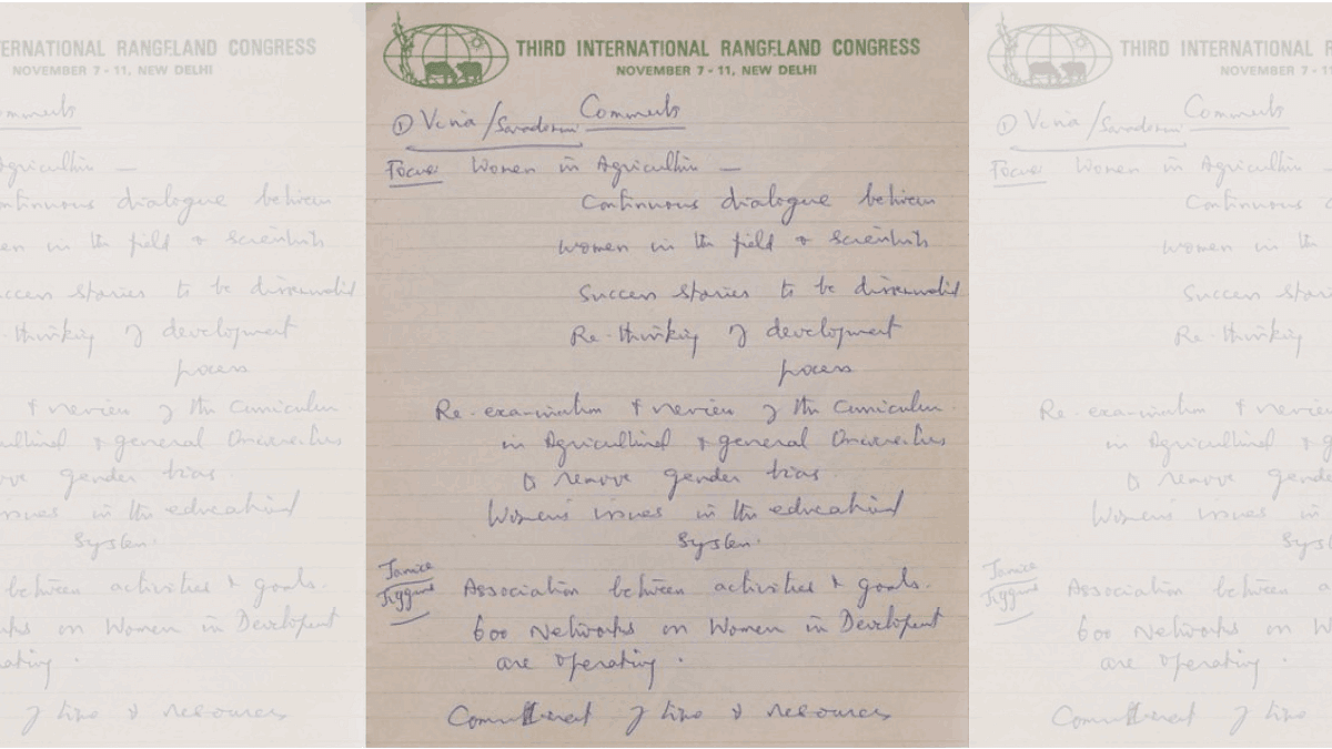 Notes from a meeting to consider the formation of an International Society of Women in Agriculture. The notes outline the aims of such an organisation. Notes, Conferences and Workshops - 1988 (MS-007-1-3-1-8) | From archives of NCBS