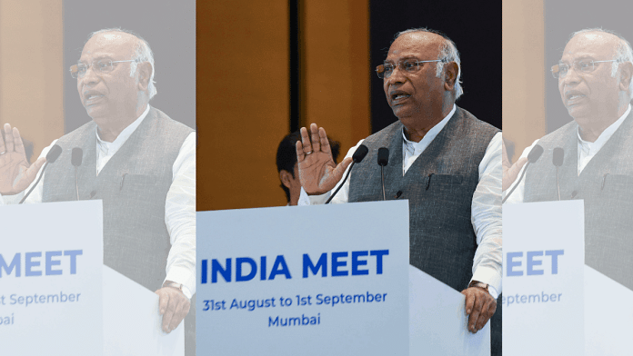 Congress president Mallikarjun Kharge addresses a press conference after the INDIA bloc leaders' meeting, in Mumbai on Friday | ANI