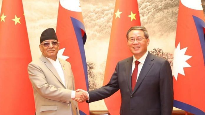 Nepali Prime Minister Pushpa Kamal Dahal with Chinese Premier Li Qiang | Image via X, formerly Twitter/@cmprachanda