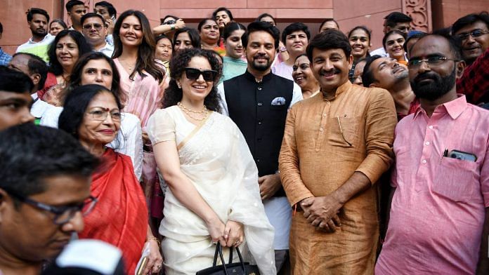 Bollywood actors Kangana Ranaut and Esha Gupta with Union I&B minister Anurag Thakur and BJP MP Manoj Tiwari at Parliament Tuesday | ANI