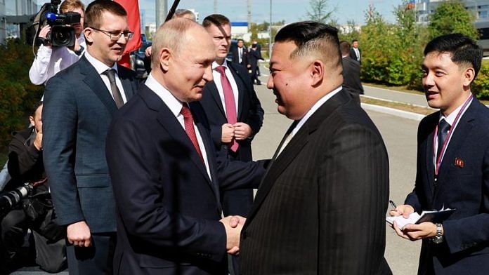 Russia's President Vladimir Putin shakes hands with North Korea's leader Kim Jong Un during a meeting at the Vostochny Сosmodrome in the far eastern Amur region, Russia, September 13, 2023 | Reuters
