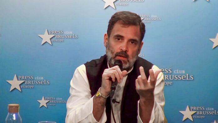 Congress leader Rahul Gandhi speaks during a media interaction at the Brussels Press Club, Belgium, on 8 September 2023 | PTI
