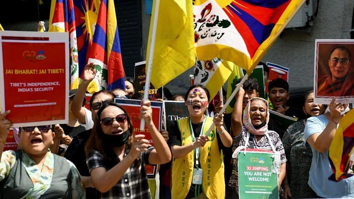 Members of Tibetan community stage a protest against the Chinese government on the eve of G20 Summit, near Majnu ka Tilla, in New Delhi, on 8 September 2023 | ANI photo