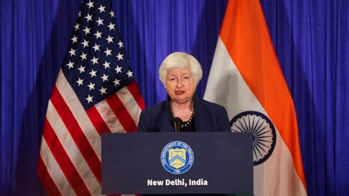 US Treasury Secretary Janet Yellen addresses the media, ahead of the G20 Summit in New Delhi, on 8 September 2023 | Reuters